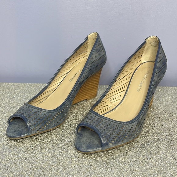 Franco Sarto Washed Denim Blue Wooden Heel Size 9.5 - Picture 2 of 13